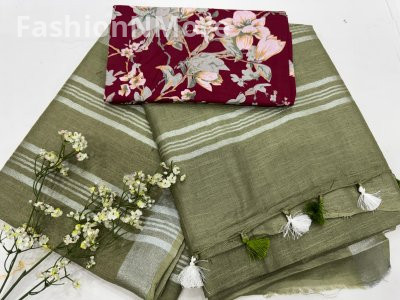 Handloom Linen Cotton Saree With Printed Cotton Blouse Piece