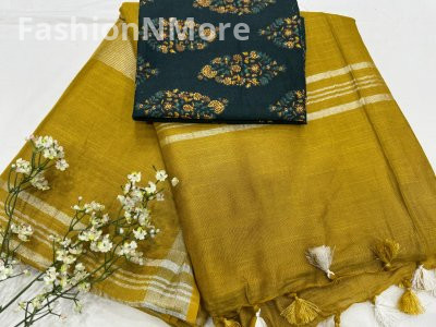 Handloom Linen Cotton Saree With Printed Cotton Blouse Piece