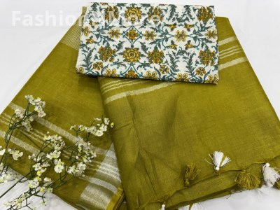 Handloom Linen Cotton Saree With Printed Cotton Blouse Piece