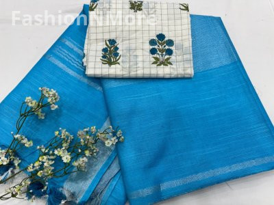 Handloom Linen Cotton Saree With Printed Cotton Blouse Piece