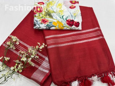 Handloom Linen Cotton Saree With Printed Cotton Blouse Piece