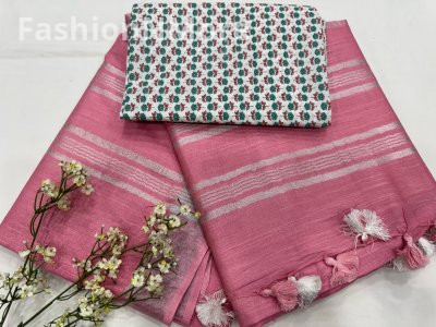 Handloom Linen Cotton Saree With Printed Cotton Blouse Piece