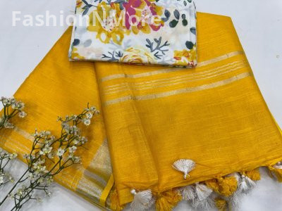 Handloom Linen Cotton Saree With Printed Cotton Blouse Piece