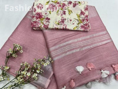 Handloom Linen Cotton Saree With Printed Cotton Blouse Piece
