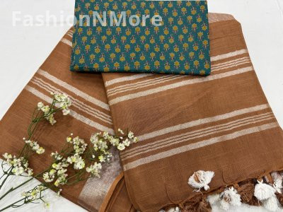 Handloom Linen Cotton Saree With Printed Cotton Blouse Piece