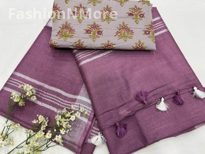 Handloom Linen Cotton Saree With Printed Cotton Blouse Piece