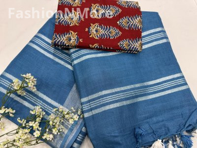 Handloom Linen Cotton Saree With Printed Cotton Blouse Piece