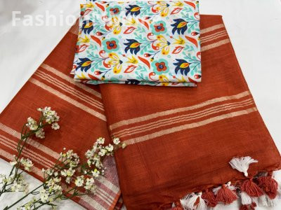 Handloom Linen Cotton Saree With Printed Cotton Blouse Piece