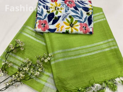 Handloom Linen Cotton Saree With Printed Cotton Blouse Piece