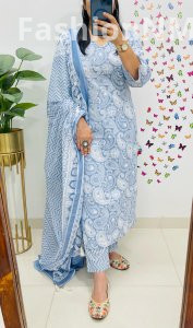 Designer V-Neck Paisley Print Cotton Suit with Mughal-Kalamkari Fusion