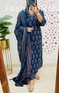 Designer V-Neck Paisley Print Cotton Suit with Mughal-Kalamkari Fusion