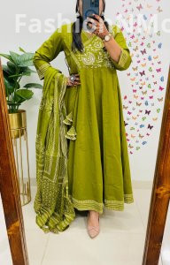 Designer Boutique Anarkali Suit with Sequin Embroidery & Block Cotton Dupatta