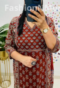 Elegant Ajrakh Mughal Fusion Cotton Suit – Handcrafted Boutique Wear