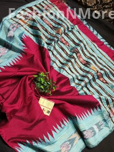 Pure Raw Silk Saree with Temple Ikkat Border & Contrast Pallu