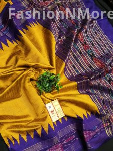 Pure Raw Silk Saree with Temple Ikkat Border & Contrast Pallu