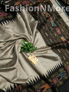 Pure Raw Silk Saree with Temple Ikkat Border & Contrast Pallu