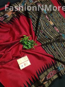 Pure Raw Silk Saree with Temple Ikkat Border & Contrast Pallu