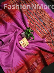 Pure Raw Silk Saree with Temple Ikkat Border & Contrast Pallu