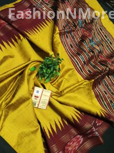 Pure Raw Silk Saree with Temple Ikkat Border & Contrast Pallu