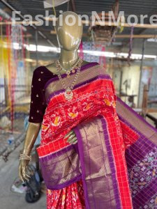 Pure  Handloom Ikkat Silk Saree In Zari Checks Pattern