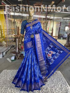 Pure  Handloom Ikkat Silk Saree In Zari Checks Pattern