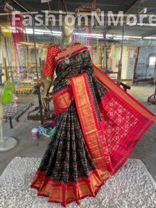 Pure  Handloom Ikkat Silk Saree In Zari Checks Pattern