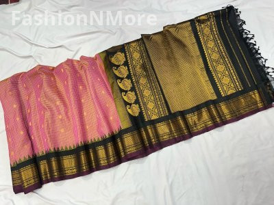 Pure Silk Handloom Gadwal Saree with Contrast Border, Checks & Butta