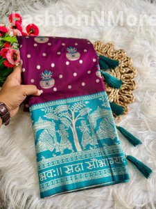 Banarasi Paithani Soft Silk Saree with Sada Sabhagyawati Pallu & Palki Border