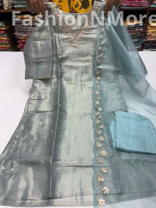 Plus Size Semi-Tissue Hand Embroidered Kurti Set with Pant & Organza Dupatta