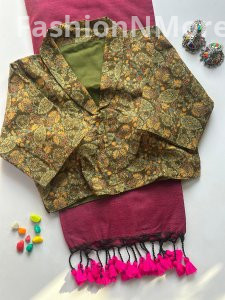 An authentic Khadi cotton saree paired with a beautifully crafted heavy Ajrakh cotton readymade blouse, offering comfort, tradition, and style in one elegant combo.Khadi Cotton Saree with Ajrakh Blouse