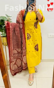 Rich Dhabu Cotton Straight Suit with Applique & Mirror Work