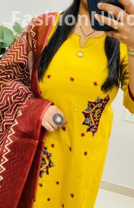 Rich Dhabu Cotton Straight Suit with Applique & Mirror Work