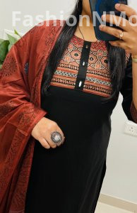 Ajrakh Print Dhabu Cotton Kurti Pant Set with Dupatta