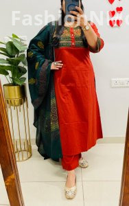 Ajrakh Print Dhabu Cotton Kurti Pant Set with Dupatta