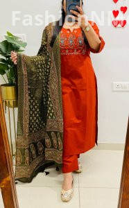 Royal Dhabu Cotton Straight Suit with Paisley Embroidery