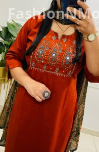 Royal Dhabu Cotton Straight Suit with Paisley Embroidery