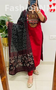 Heavy Applique & Embroidery Dhabu Cotton Kurti Pant Dupatta Set