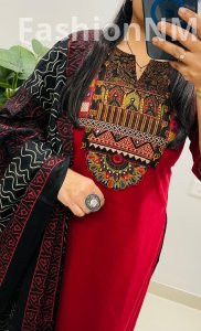 Heavy Applique & Embroidery Dhabu Cotton Kurti Pant Dupatta Set