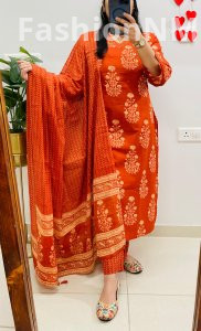 Designer V-Neck Ajrakh Print Cotton Suit – Mughal & Kalamkari Fusion