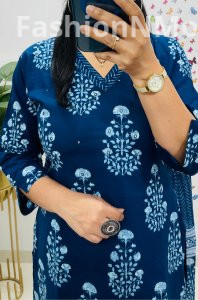 Designer V-Neck Ajrakh Print Cotton Suit – Mughal & Kalamkari Fusion