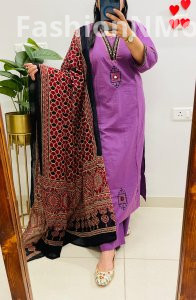 Super Premium Dhabu Cotton Kurta Pant Set with Mirror Embroidery