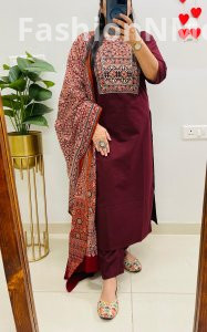 Ajrakh Print Dhabu Cotton Kurti Pant Dupatta Set with Mirror Work