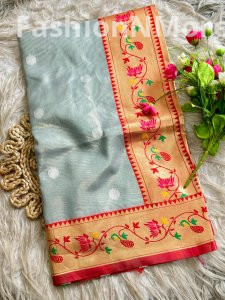 Maharani Mor Popat Organza Tissue Silk Saree with Peacock Pallu