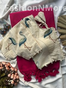 Khadi Cotton Saree with Heavy Work Khadi Blouse (Combo)