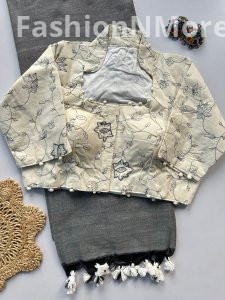 Khadi Cotton Saree with Heavy Work Khadi Blouse (Combo)