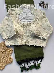 Khadi Cotton Saree with Heavy Work Khadi Blouse (Combo)