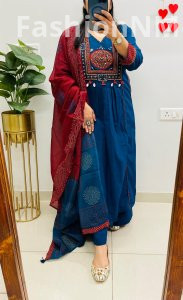 Unique Designer Boutique Flared Suit in Premium Dhabu Cotton with Ajrakh Dupatta