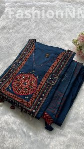 Unique Designer Boutique Flared Suit in Premium Dhabu Cotton with Ajrakh Dupatta