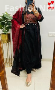 Unique Designer Boutique Flared Suit in Premium Dhabu Cotton with Ajrakh Dupatta