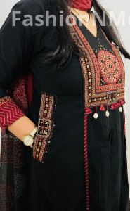 Unique Designer Boutique Flared Suit in Premium Dhabu Cotton with Ajrakh Dupatta